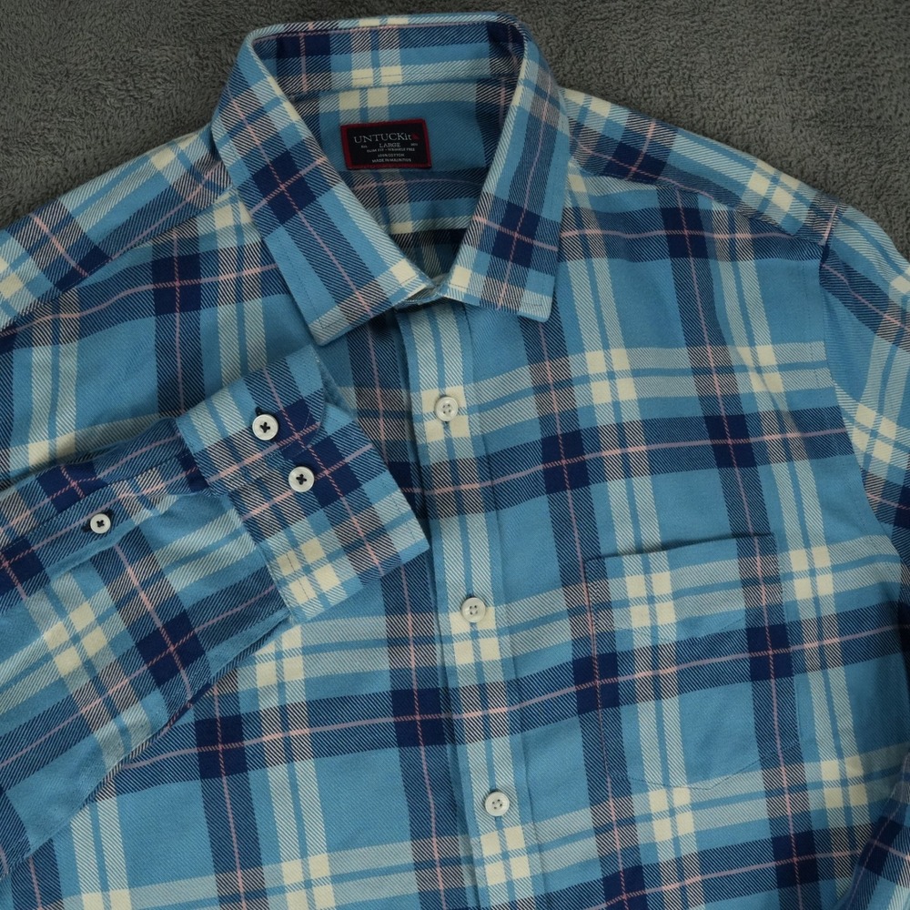 UNTUCKit Arrowood WF Button Up Shirt Mens Large Blue Plaid Slim Fit Wrinkle Free
